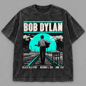 Bob Dylan EU UK Tour 2026 Palazzo dello Sport Rome November 5 Black Acid Washed T-Shirt
