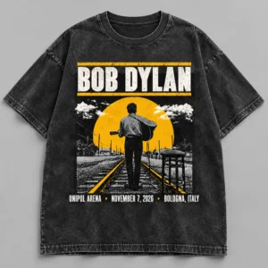 Bob Dylan EU UK Tour 2026 Unipol Arena Bologna November 7 Black Acid Washed T-Shirt