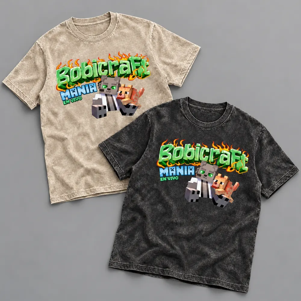 Bobicraft Mania En Vivo acid washed T-shirt mockup in washed black and beige