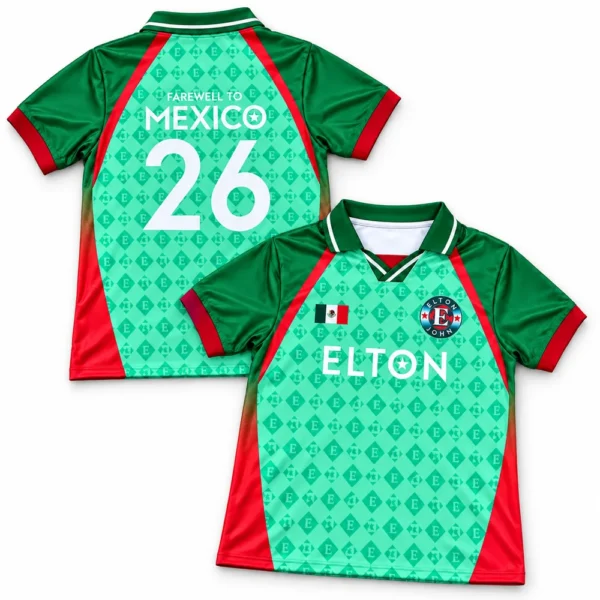 Elton John Farewell To Mexico Estadio Banorte Mexico City October 2-3 2026 Green Monogram Number 26 V-Neck Collared All-Over Print Jersey Shirt