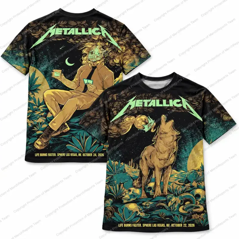 Metallica Life Burns Faster Sphere Las Vegas NV USA October 22 and 24, 2026 Wolf Skeleton Two Sided All Over Print T-Shirt