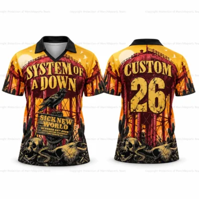 System Of A Down Sick New World at Texas Motor Speedway Fort Worth Texas USA on October 24, 2026 Merch Raven Skull 3D AOP V-Neck Collared Jersey Shirt