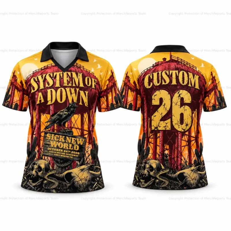 System Of A Down Sick New World at Texas Motor Speedway Fort Worth Texas USA on October 24, 2026 Merch Raven Skull 3D AOP V-Neck Collared Jersey Shirt