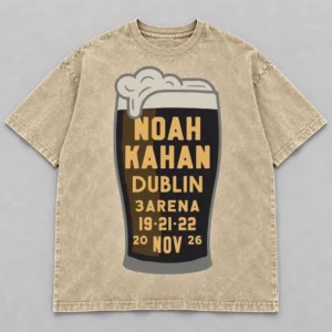 Noah Kahan The Great Divide Tour at 3Arena Dublin Ireland on November 19, 21 and 22, 2026 Merch Stout Pint Beige Acid Washed T-Shirt
