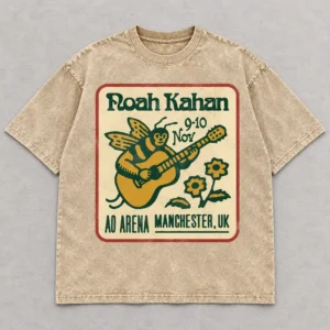 Noah Kahan The Great Divide Tour at AO Arena Manchester United Kingdom on November 9 and 10, 2026 Merch Guitar Bee Beige Acid Washed T-Shirt