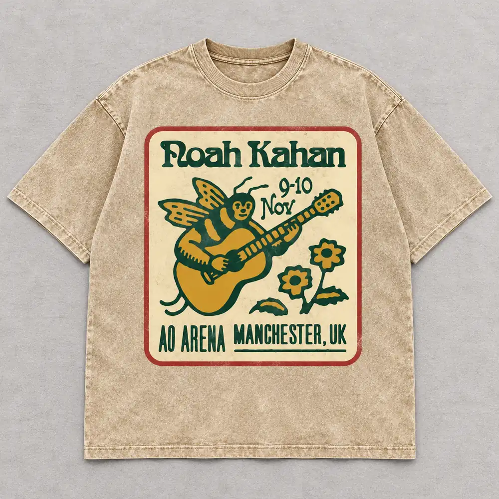 Noah Kahan The Great Divide Tour at AO Arena Manchester United Kingdom on November 9 and 10, 2026 Merch Guitar Bee Beige Acid Washed T-Shirt