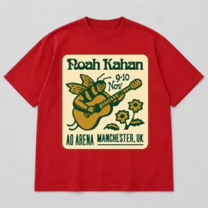 Noah Kahan The Great Divide Tour at AO Arena Manchester United Kingdom on November 9 and 10, 2026 Merch Guitar Bee Red T-Shirt