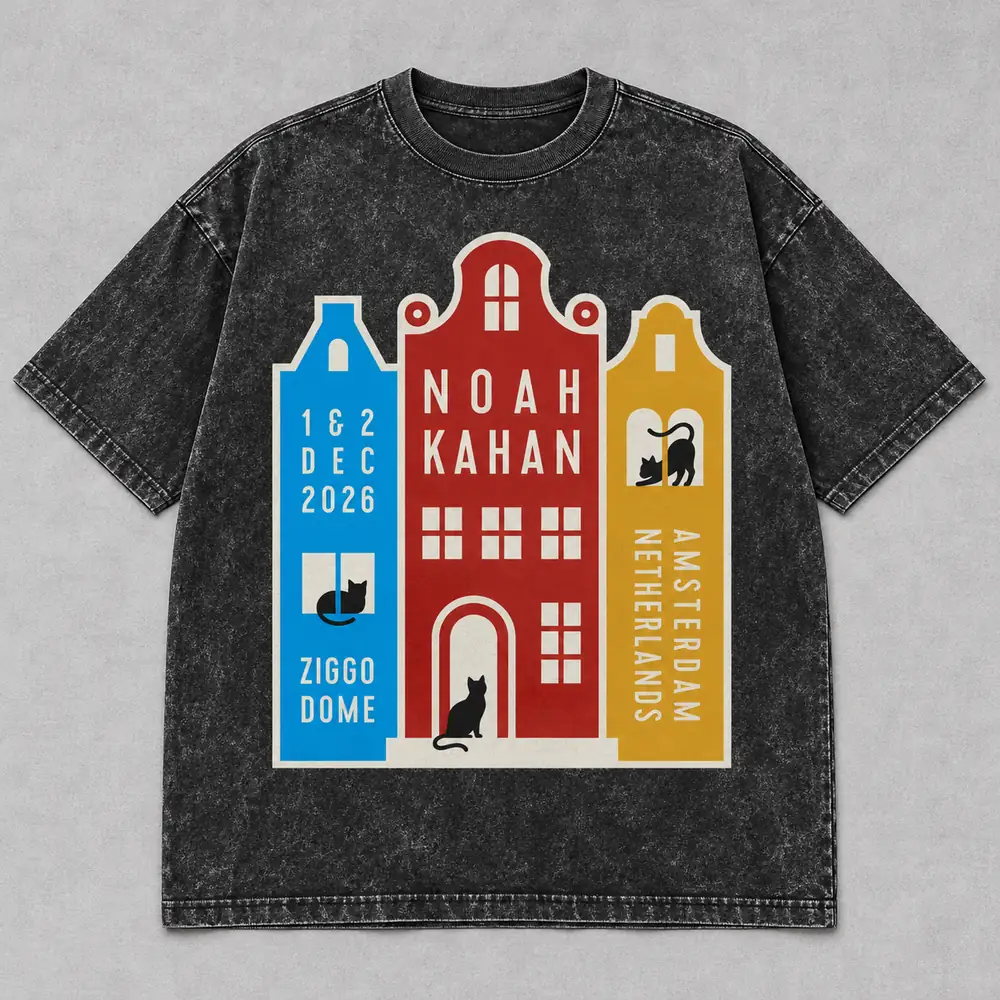 Noah Kahan The Great Divide Tour at Ziggo Dome Amsterdam Netherlands on December 1 and 2, 2026 Merch Canal Cats Black Acid Washed T-Shirt