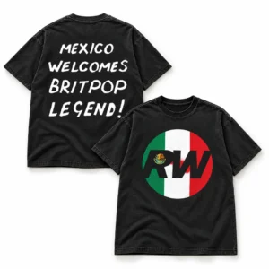 Robbie Williams Britpop World Tour Mexico City October 7 2026 Palacio de los Deportes Mexico Flag RW Logo Black Two-Sided T-Shirt