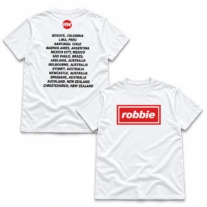Robbie Williams Pulso GNP Festival Queretaro Mexico October 10 2026 Red Robbie Box Logo and Tour Cities White Two-Sided T-Shirt