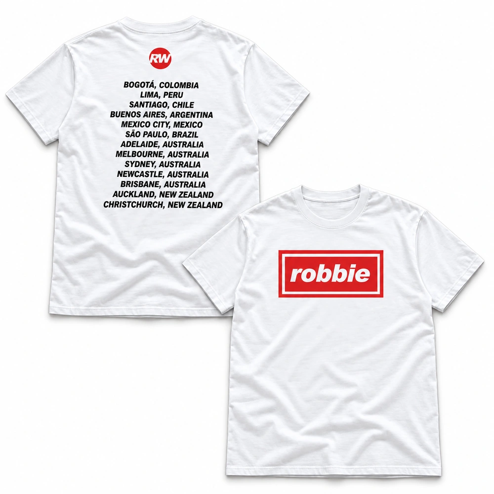 Robbie Williams Pulso GNP Festival Queretaro Mexico October 10 2026 Red Robbie Box Logo and Tour Cities White Two-Sided T-Shirt