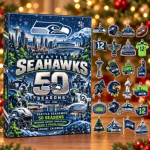 Seattle Seahawks 50 Seasons Helmet Lumen Field Winter Skyline Christmas 2026 Advent Calendar