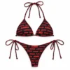 Black Jennie BLACKPINK red lettering triangle string bikini top and tie-side bottoms flat lay
