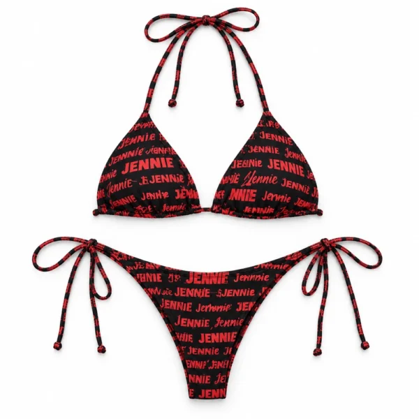 Black Jennie BLACKPINK red lettering triangle string bikini top and tie-side bottoms flat lay